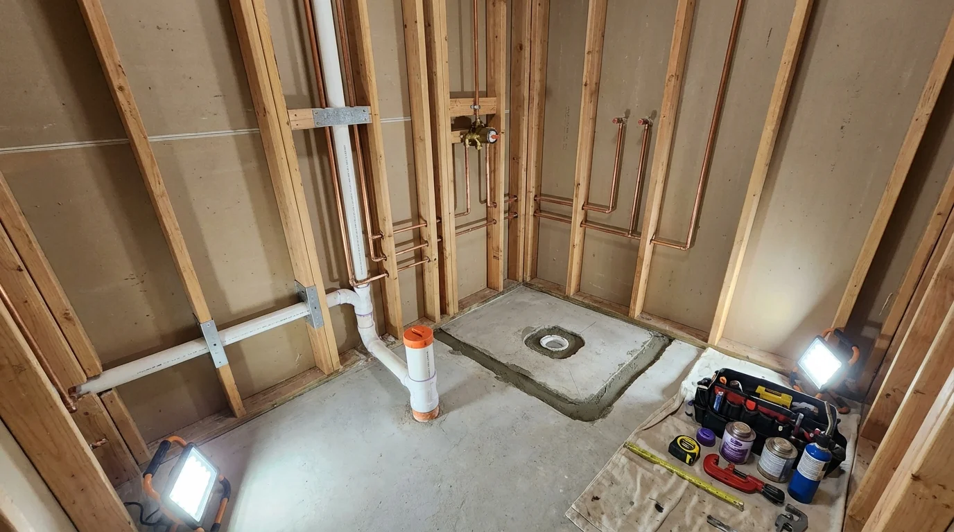 Bathroom rough-in plumbing during remodel by Johns Plumbing LLC in Raritan