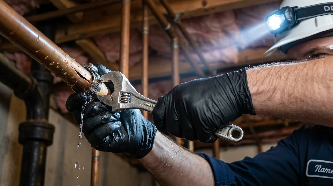 Emergency pipe clamp repair being performed by a Johns Plumbing LLC plumber in Raritan