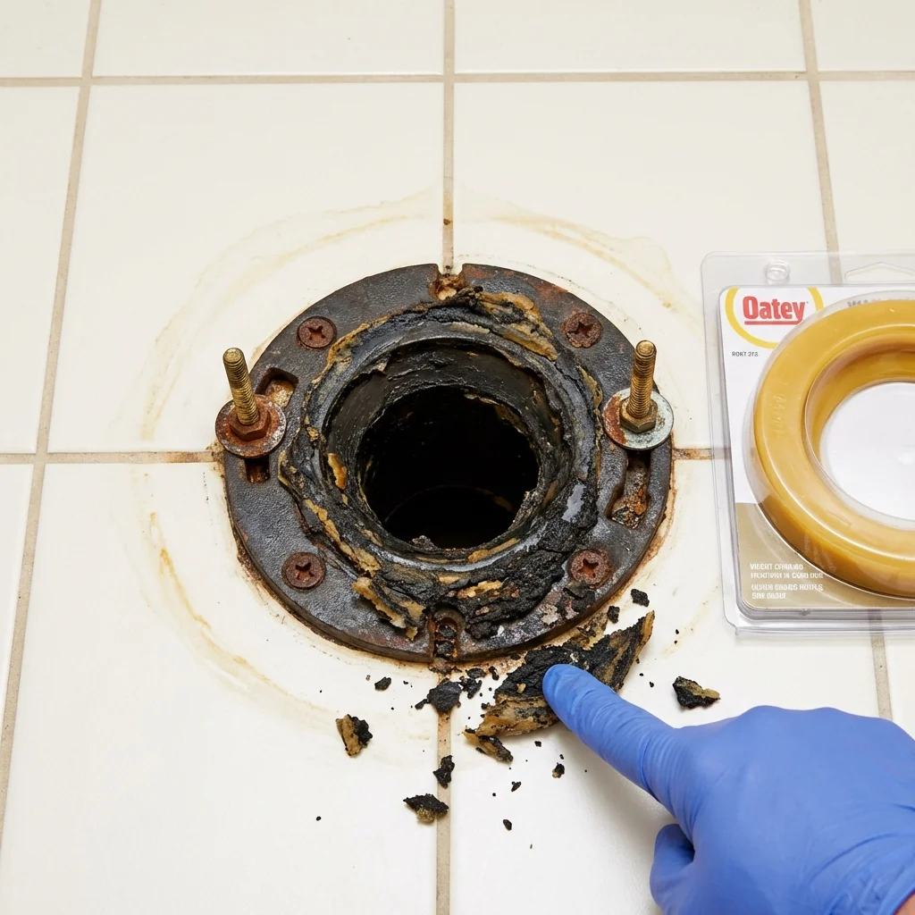 Failed wax ring showing water seepage at the base of a toilet in a Raritan, NJ home
