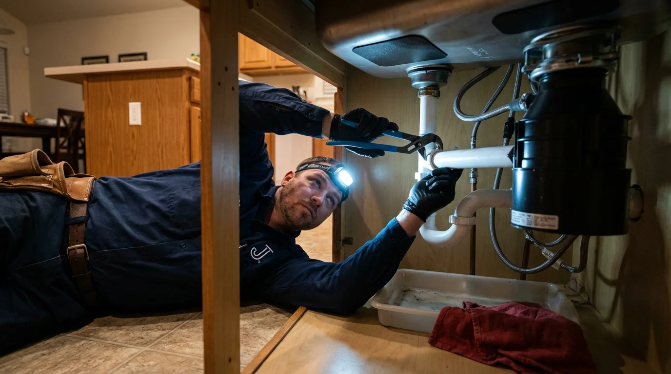 P-trap and supply line connections under a kitchen sink showing a common leak point in Raritan, NJ